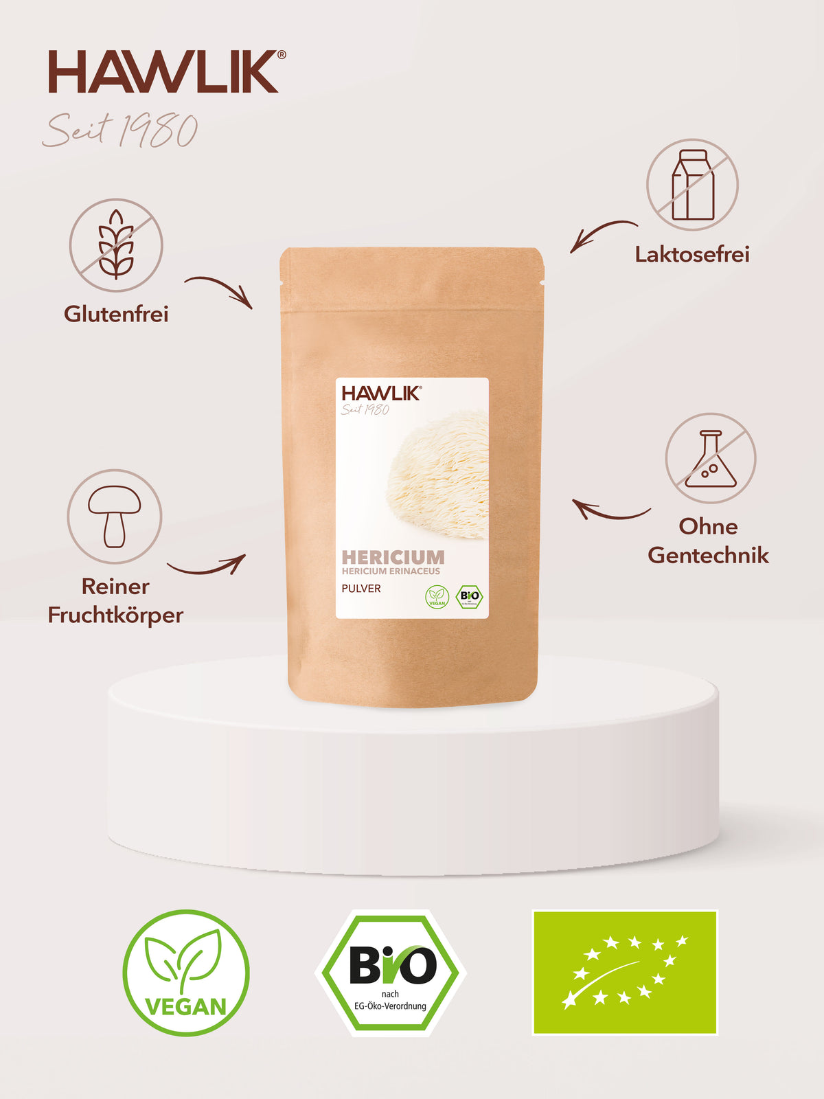 Info über Vorteile: Glutenfrei, laktosefrei, Agrolab zertifiziert und ohne Gentechnik