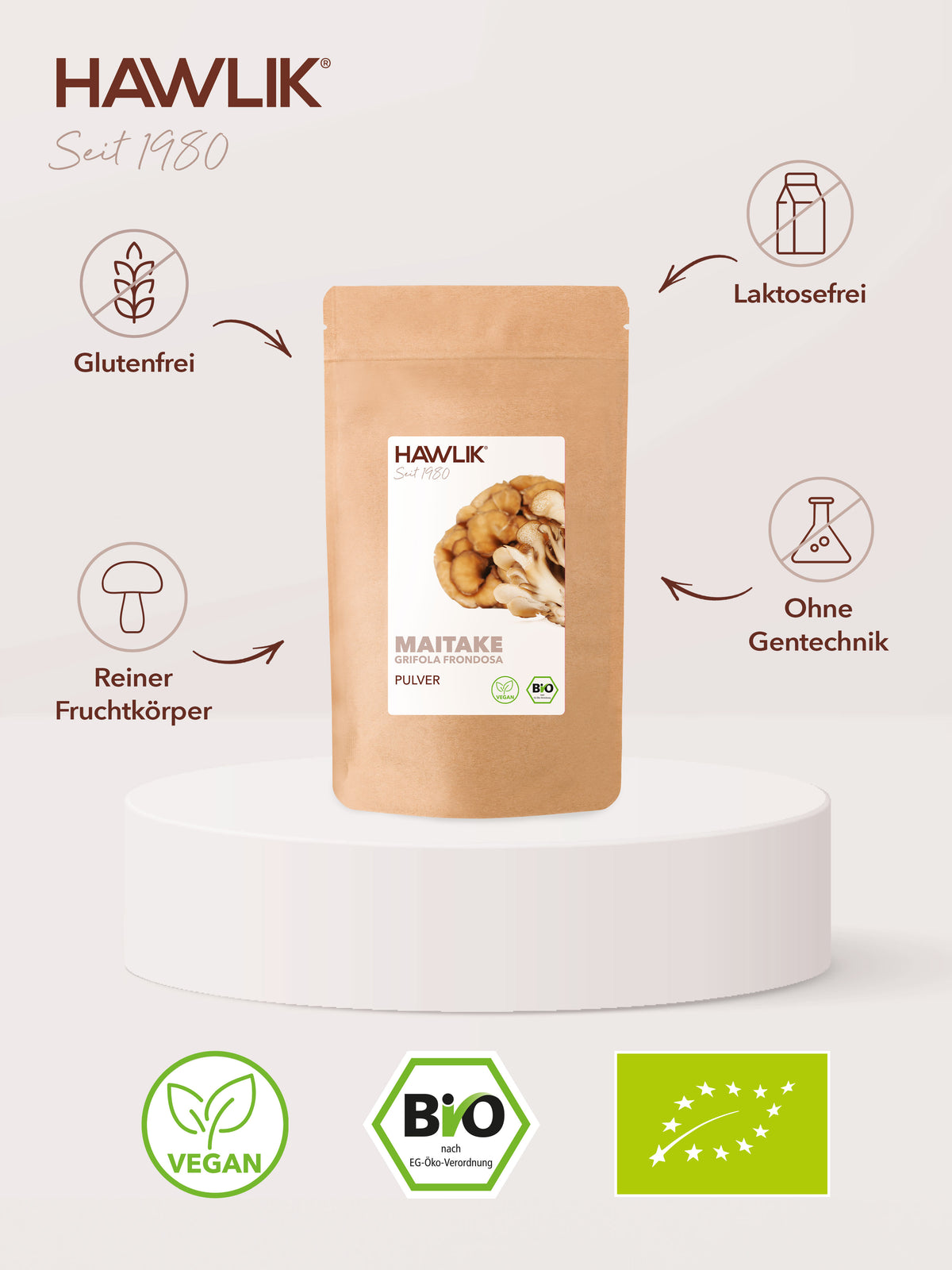 Info über Vorteile: Glutenfrei, laktosefrei, Agrolab zertifiziert und ohne Gentechnik