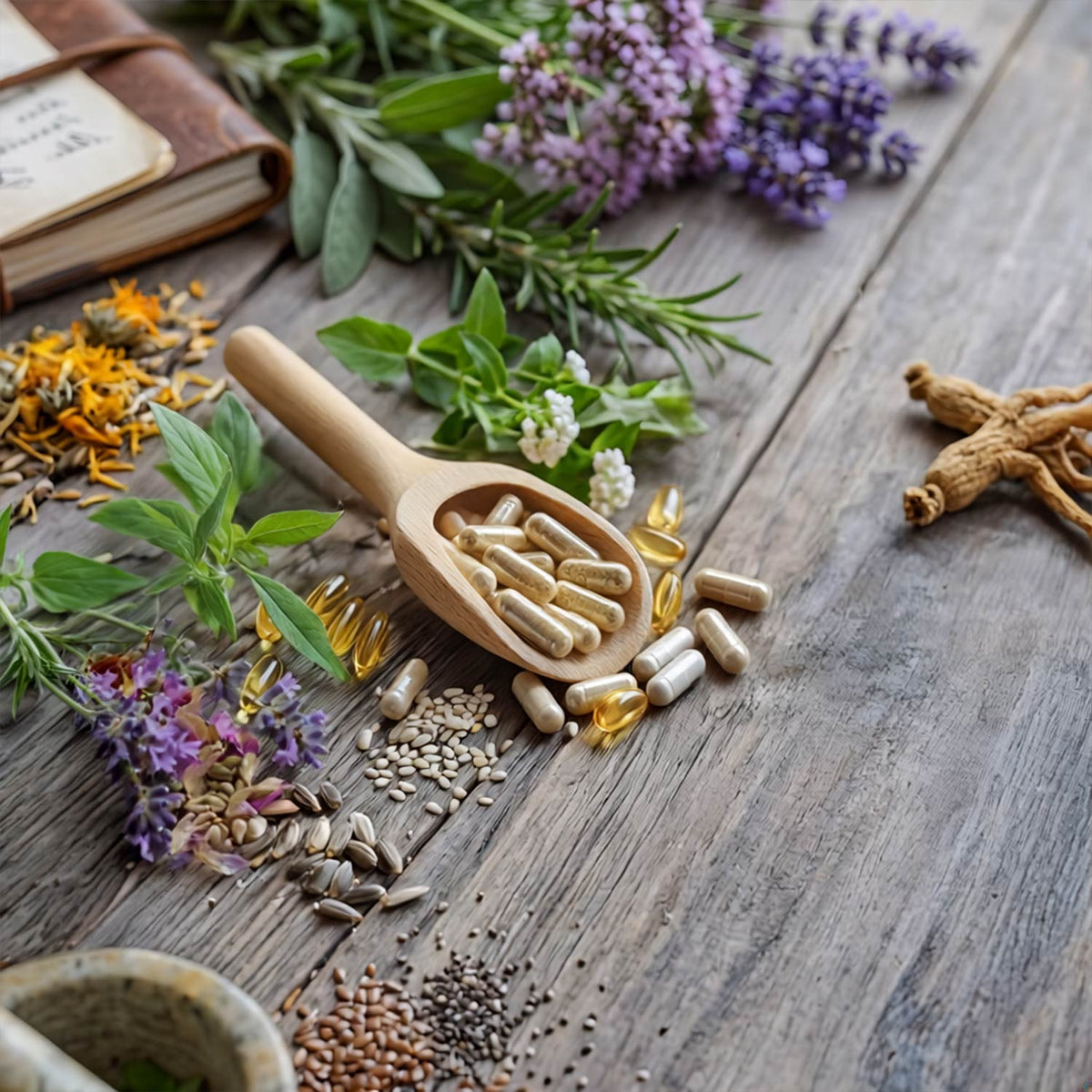 Verschiedene Kräuter und Cordyceps lieben auf einem Holzbrett mit Holzlöffel und Kapseln