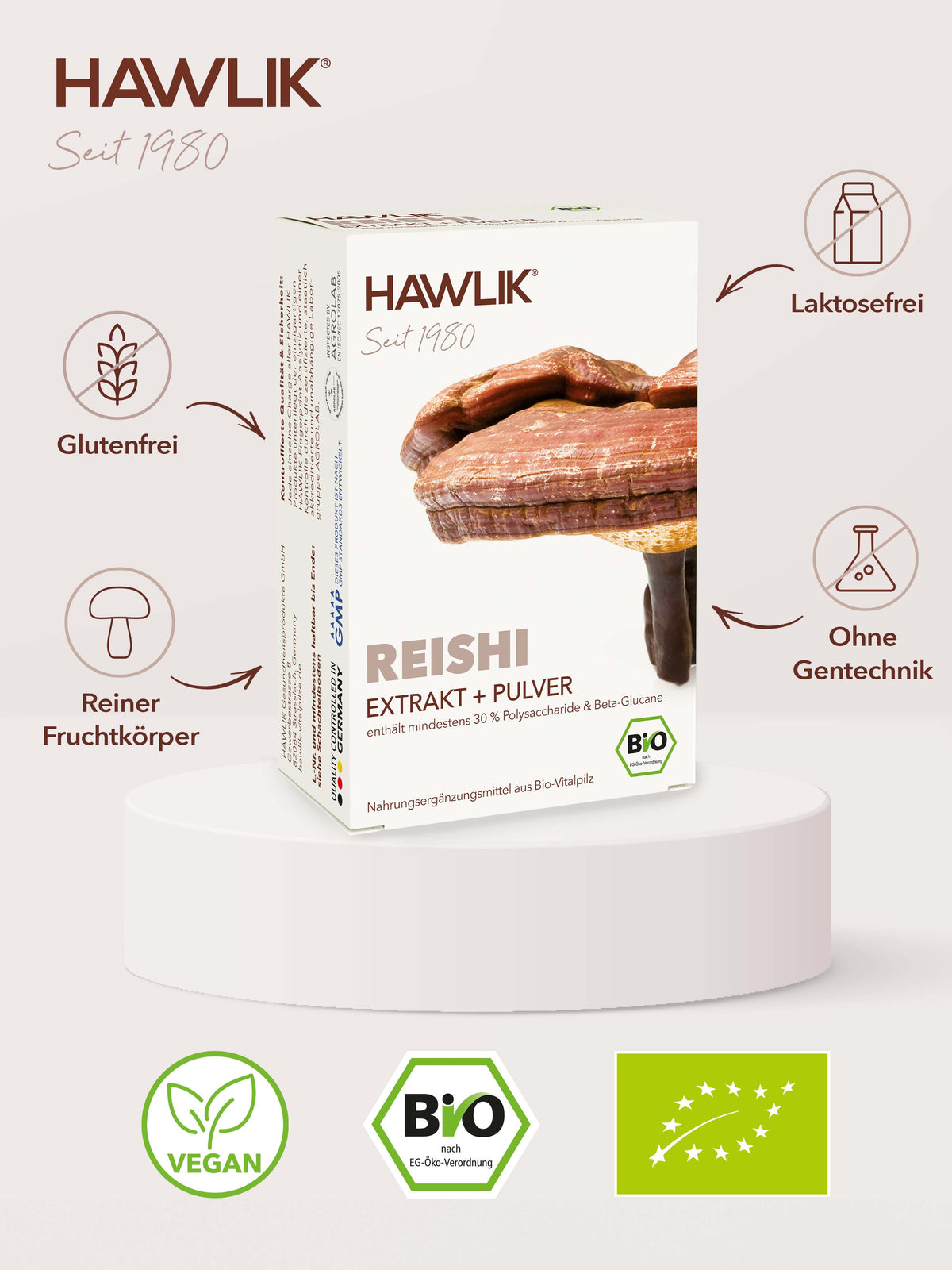 Info über Vorteile: Glutenfrei, laktosefrei, Agrolab zertifiziert und ohne Gentechnik