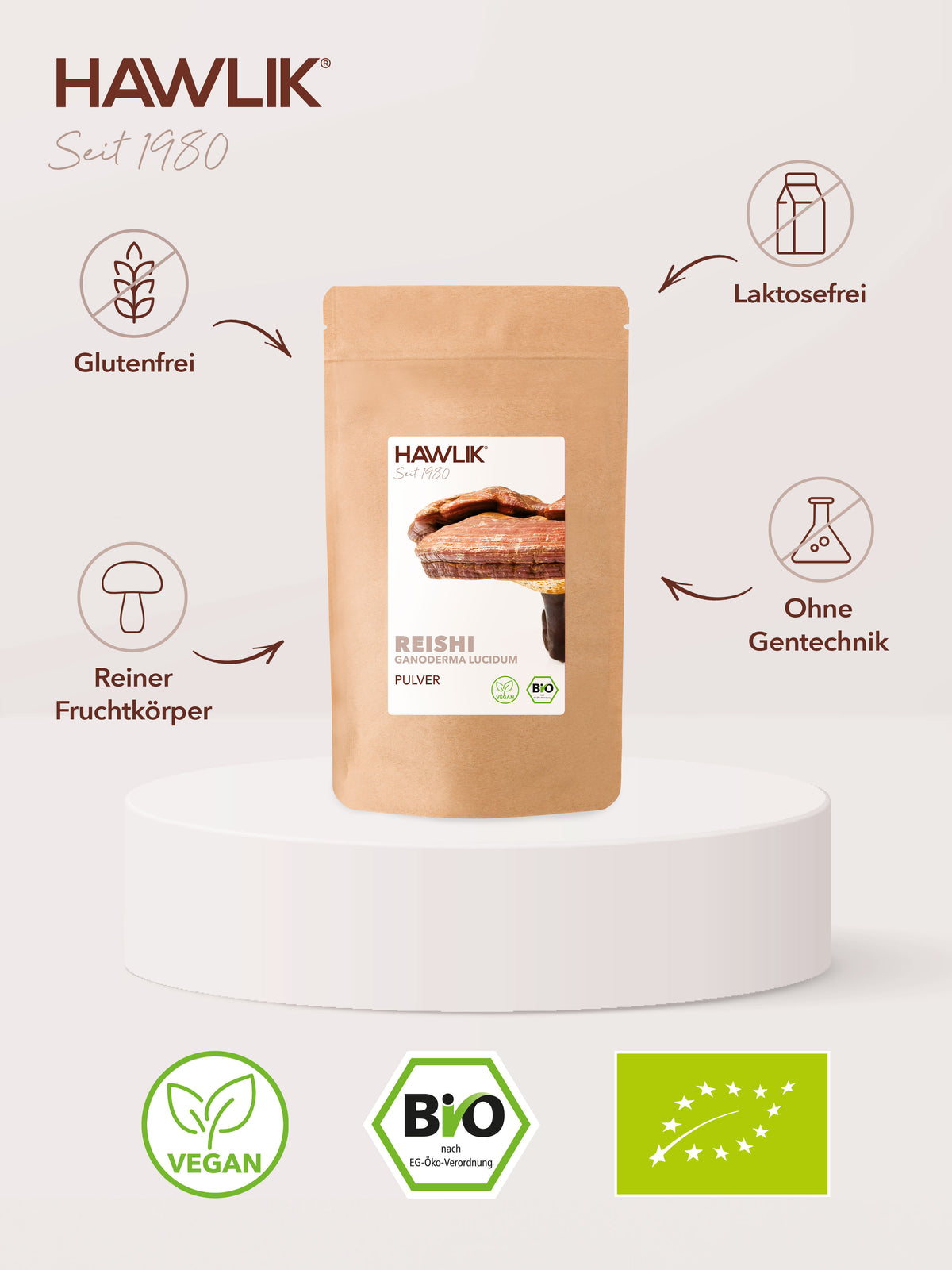 Info über Vorteile: Glutenfrei, laktosefrei, Agrolab zertifiziert und ohne Gentechnik