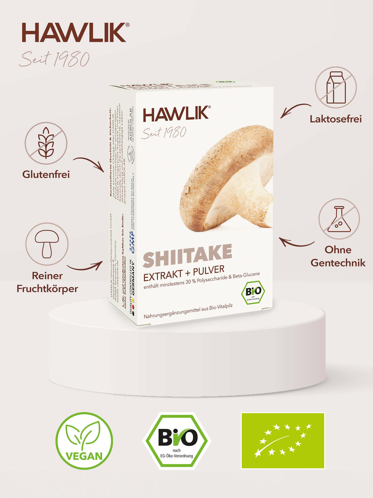 Info über Vorteile: Glutenfrei, laktosefrei, Agrolab zertifiziert und ohne Gentechnik