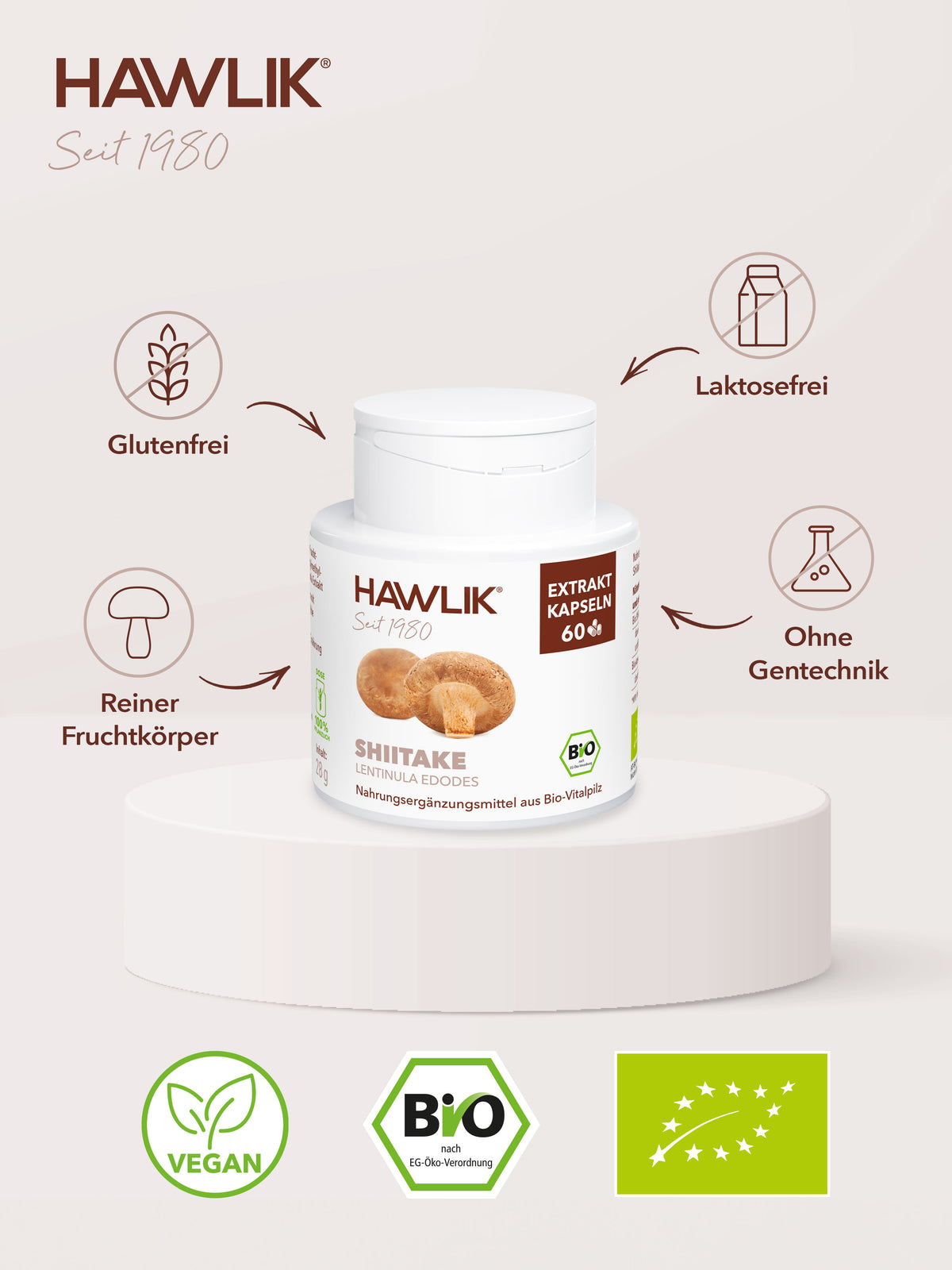 Info über Vorteile: Glutenfrei, laktosefrei, Agrolab zertifiziert und ohne Gentechnik