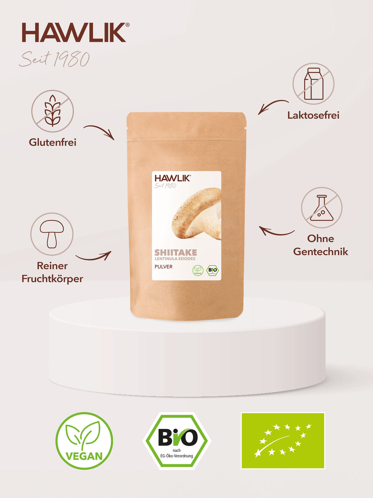 Info über Vorteile: Glutenfrei, laktosefrei, Agrolab zertifiziert und ohne Gentechnik