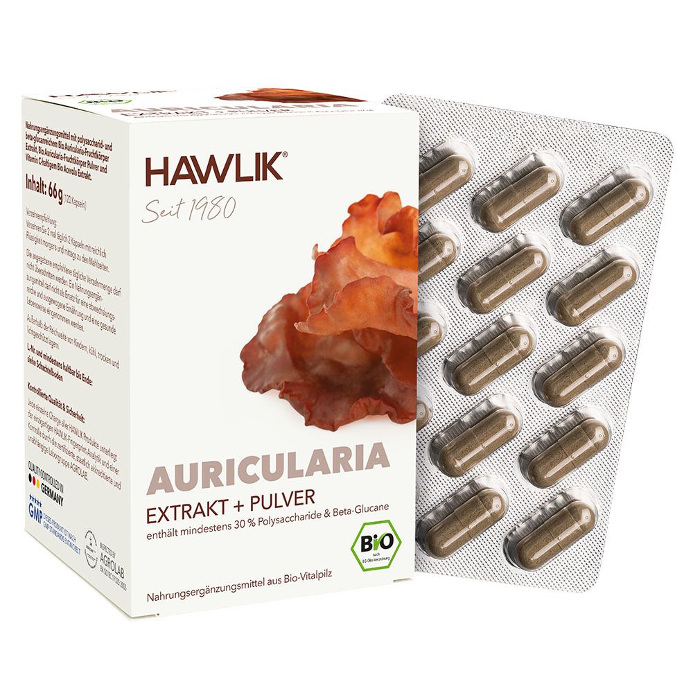 HAWLIK Bio Auricularia 120 Extrakt + Pulver Kapseln