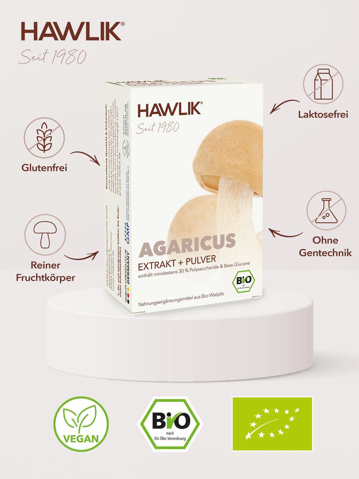 Info über Vorteile: Glutenfrei, laktosefrei, Agrolab zertifiziert und ohne Gentechnik