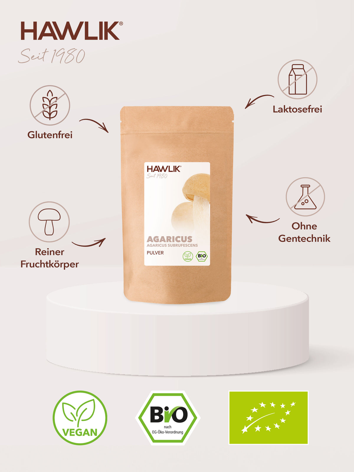 Info über Vorteile: Glutenfrei, laktosefrei, Agrolab zertifiziert und ohne Gentechnik