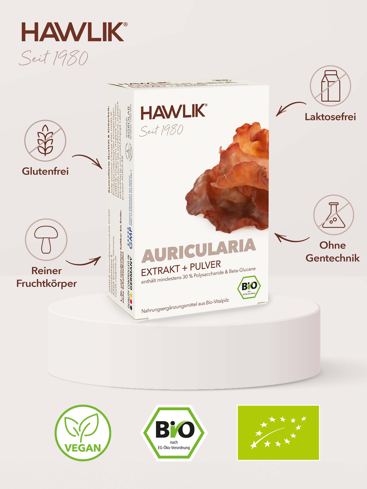 Info über Vorteile: Glutenfrei, laktosefrei, Agrolab zertifiziert und ohne Gentechnik