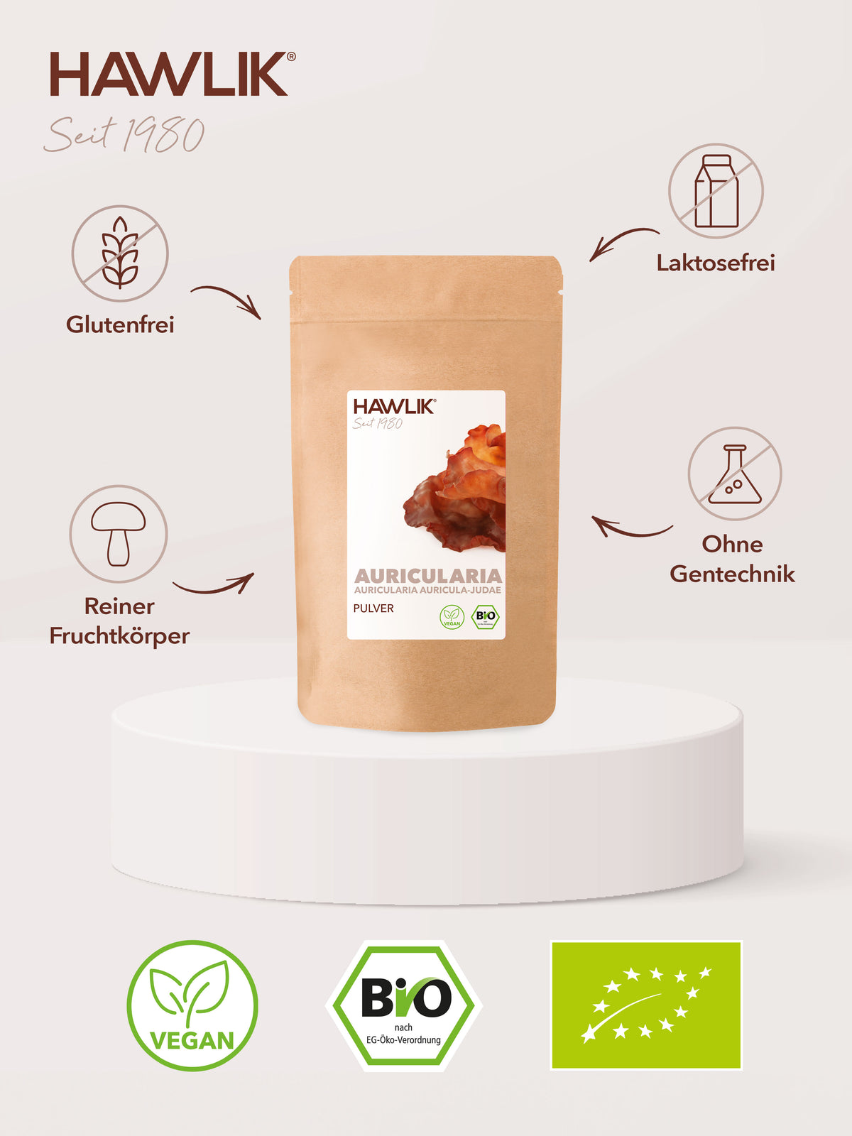Info über Vorteile: Glutenfrei, laktosefrei, Agrolab zertifiziert und ohne Gentechnik