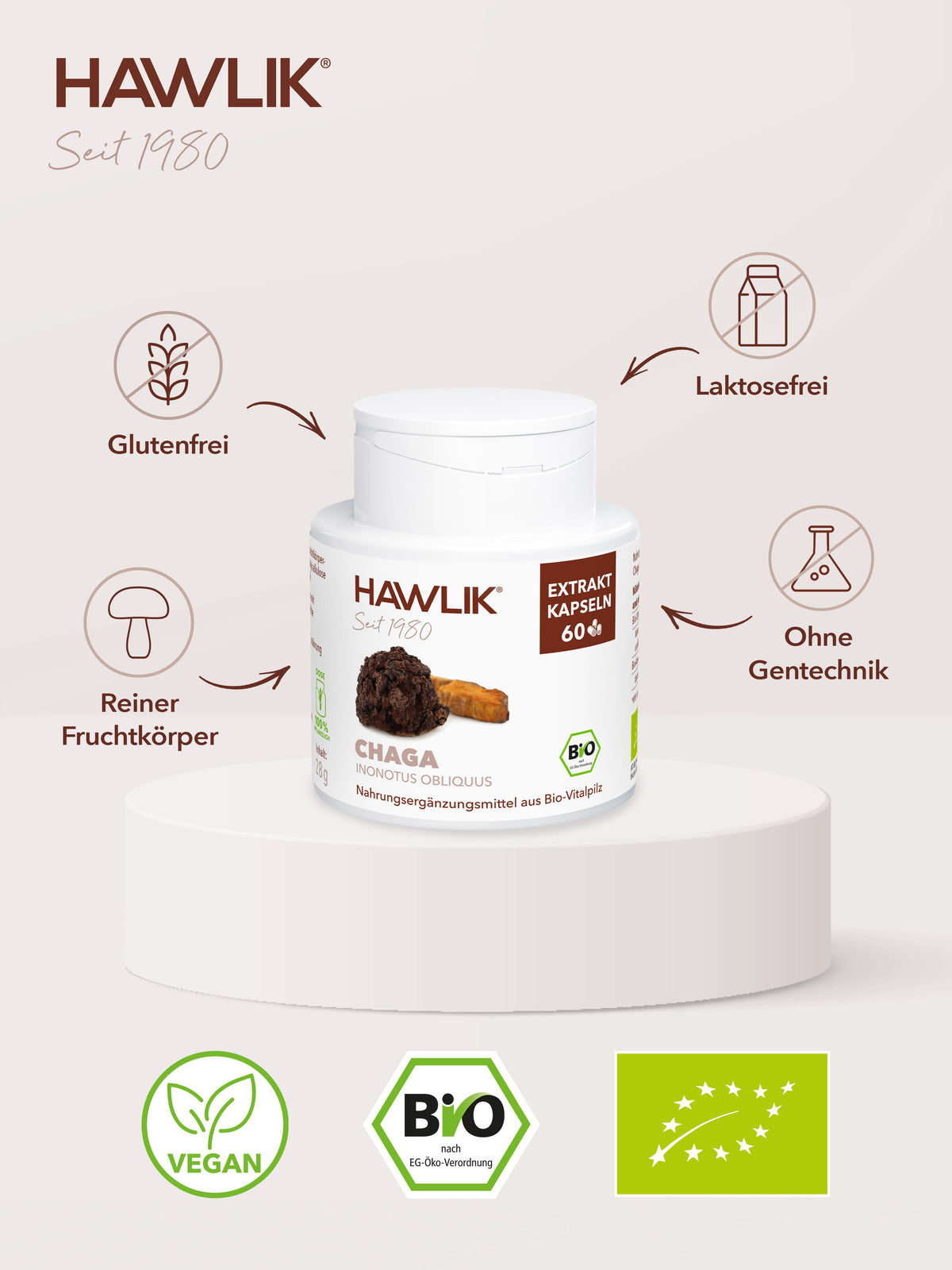 Info über Vorteile: Glutenfrei, laktosefrei, Agrolab zertifiziert und ohne Gentechnik