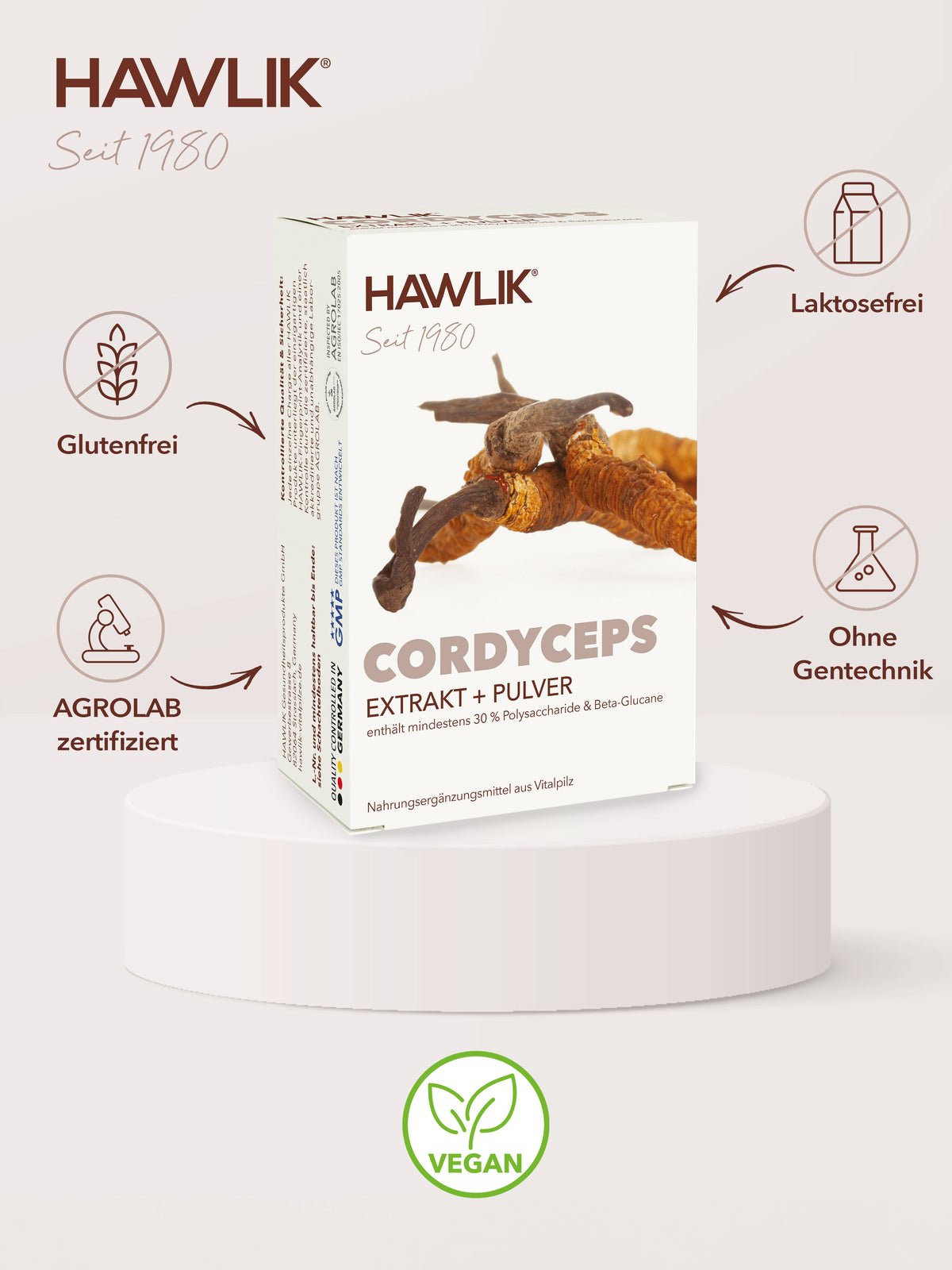 Info über Vorteile: Glutenfrei, laktosefrei, Agrolab zertifiziert und ohne Gentechnik