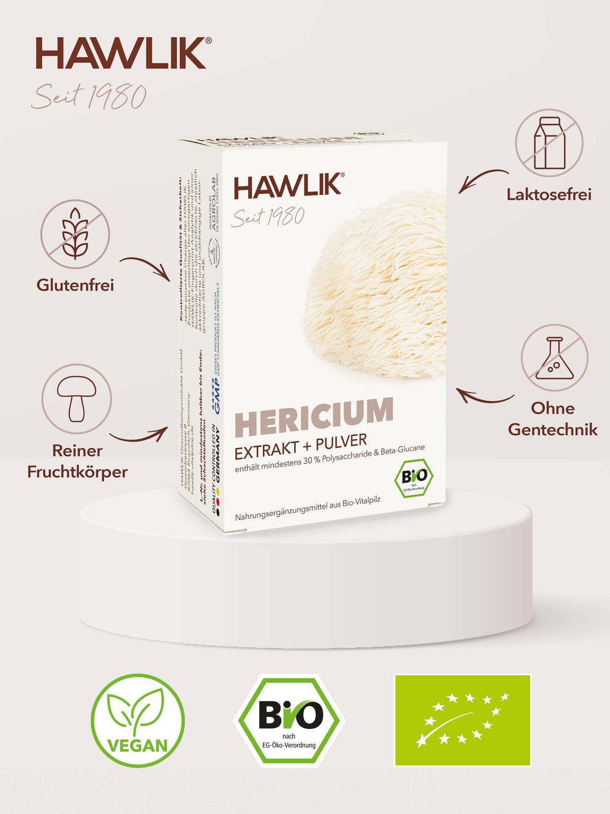 Info über Vorteile: Glutenfrei, laktosefrei, Agrolab zertifiziert und ohne Gentechnik