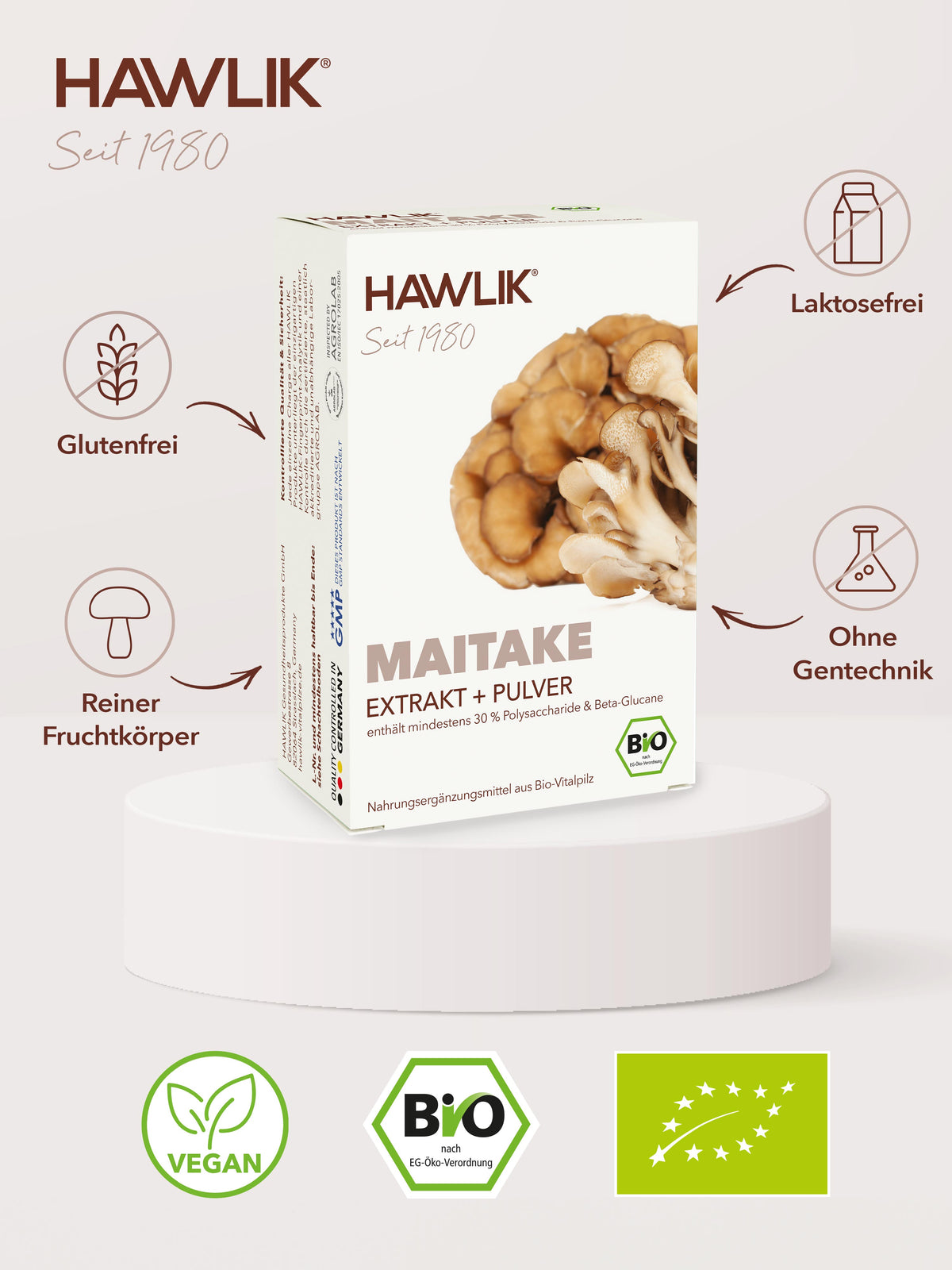 Info über Vorteile: Glutenfrei, laktosefrei, Agrolab zertifiziert und ohne Gentechnik