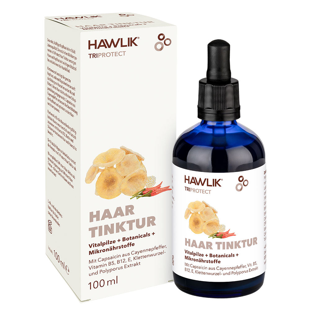 Hawlik TriProtect Haar Tinktur mit Verpackung und Pipettenflasche