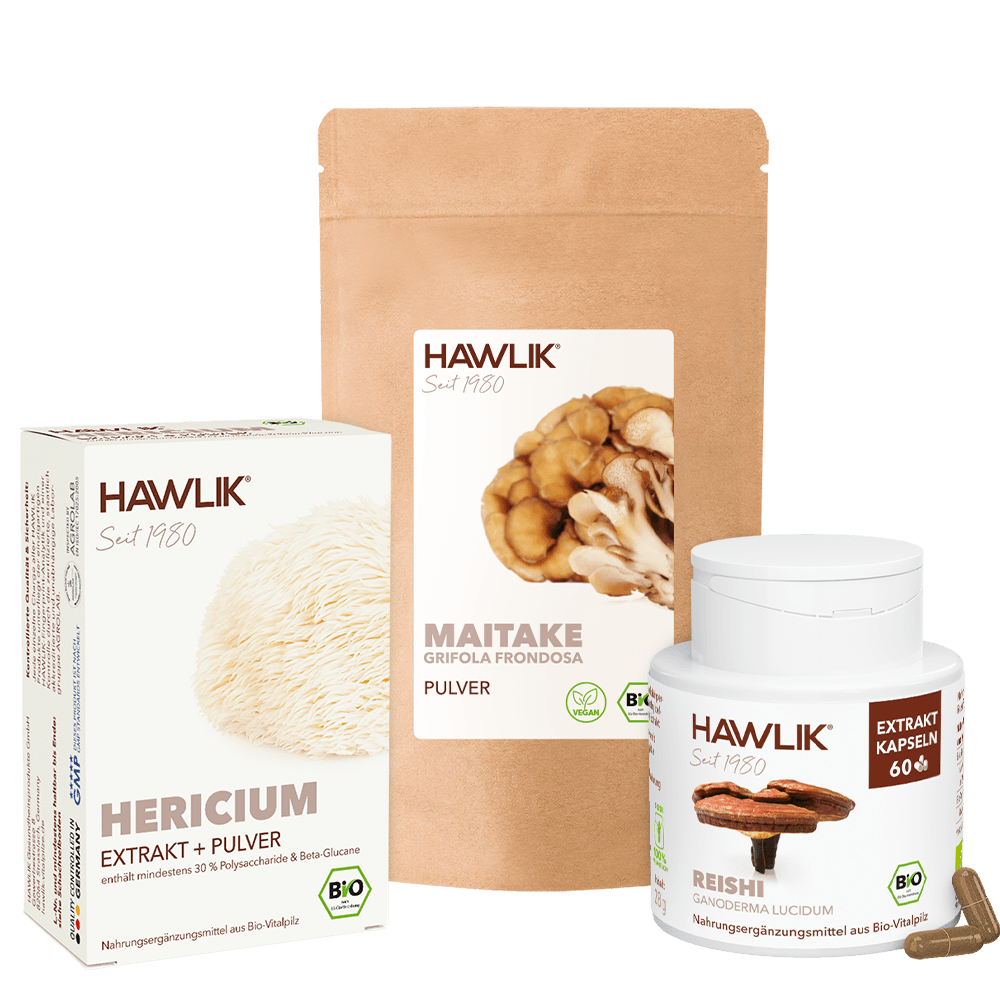 Verpackungen von Hawlik mit: Hericium Extrakt + Pulver Kapseln, Maitake Pulver und Reishi Extrakt Kapseln
