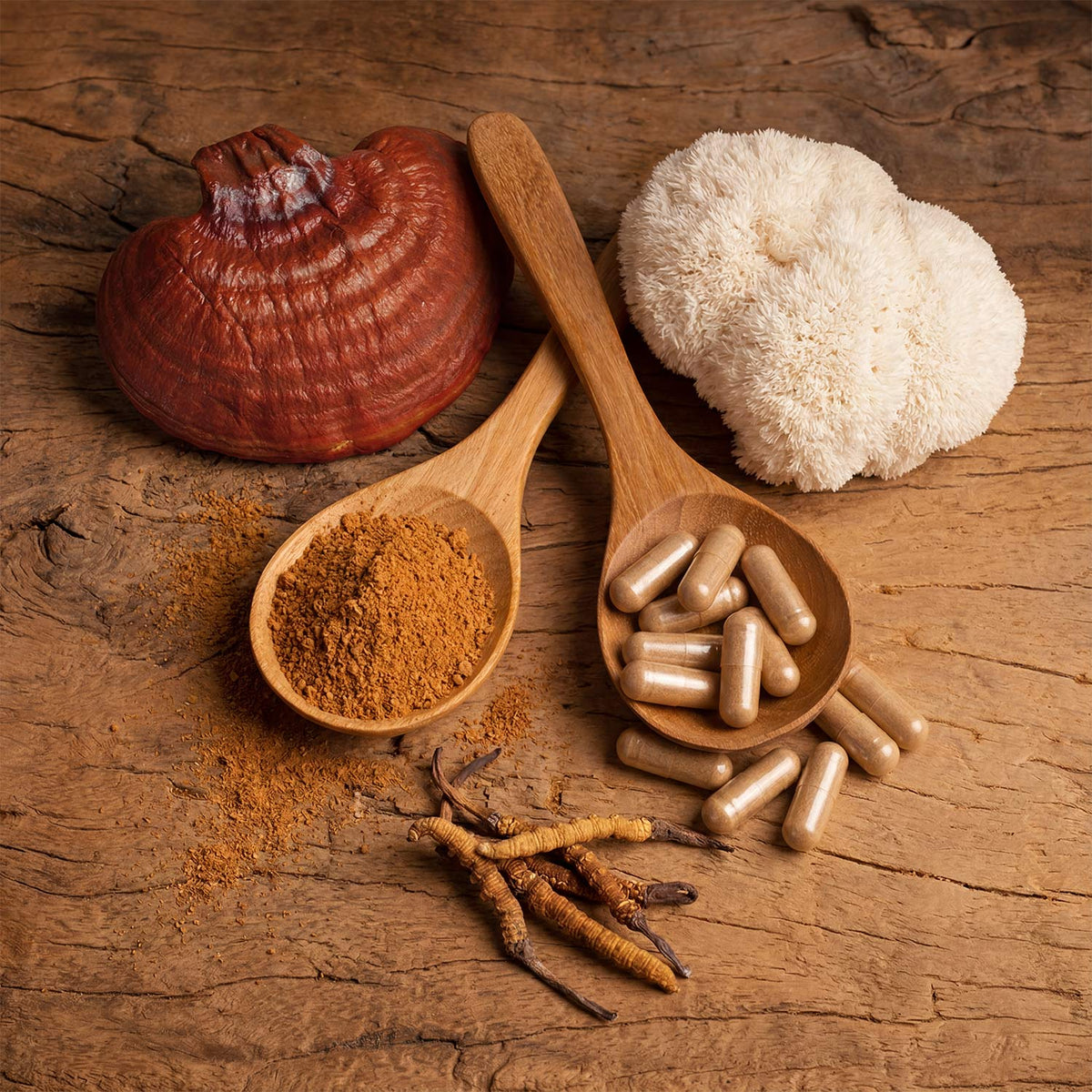 Reishi, Hericium und Cordyceps als Vitalpilz mit zwei Holzlöffeln und Kapseln 