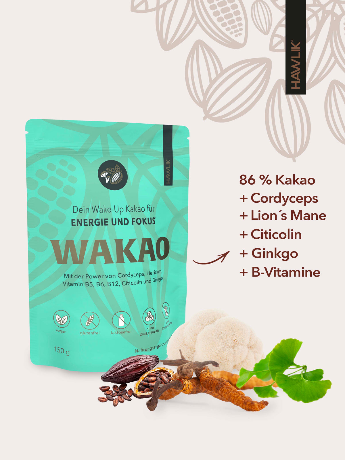 Wakao Vitalpilzkakao mit Inhaltsstoffen