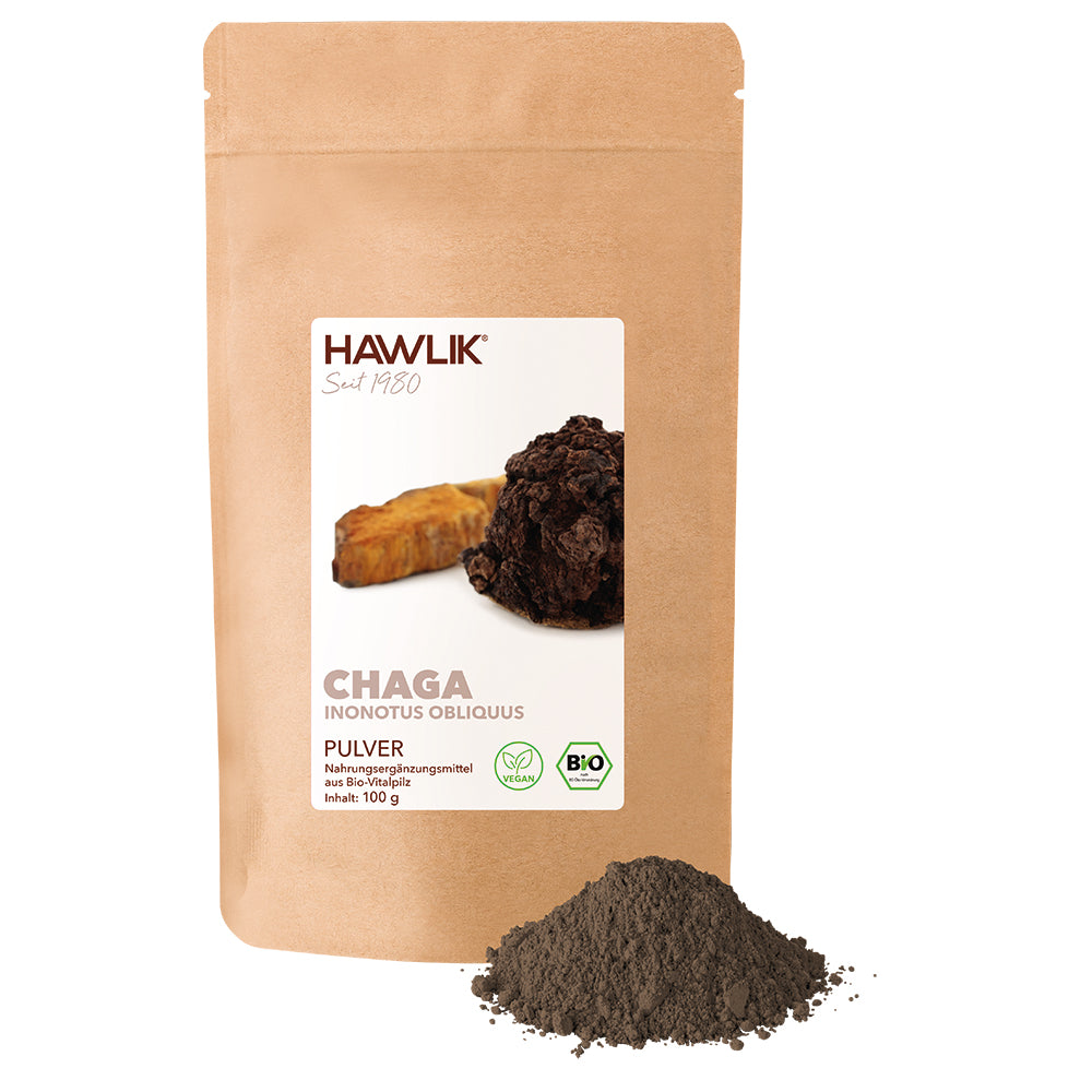 Bio Vitalpilzpulver Chaga Verpackung mit Pulver