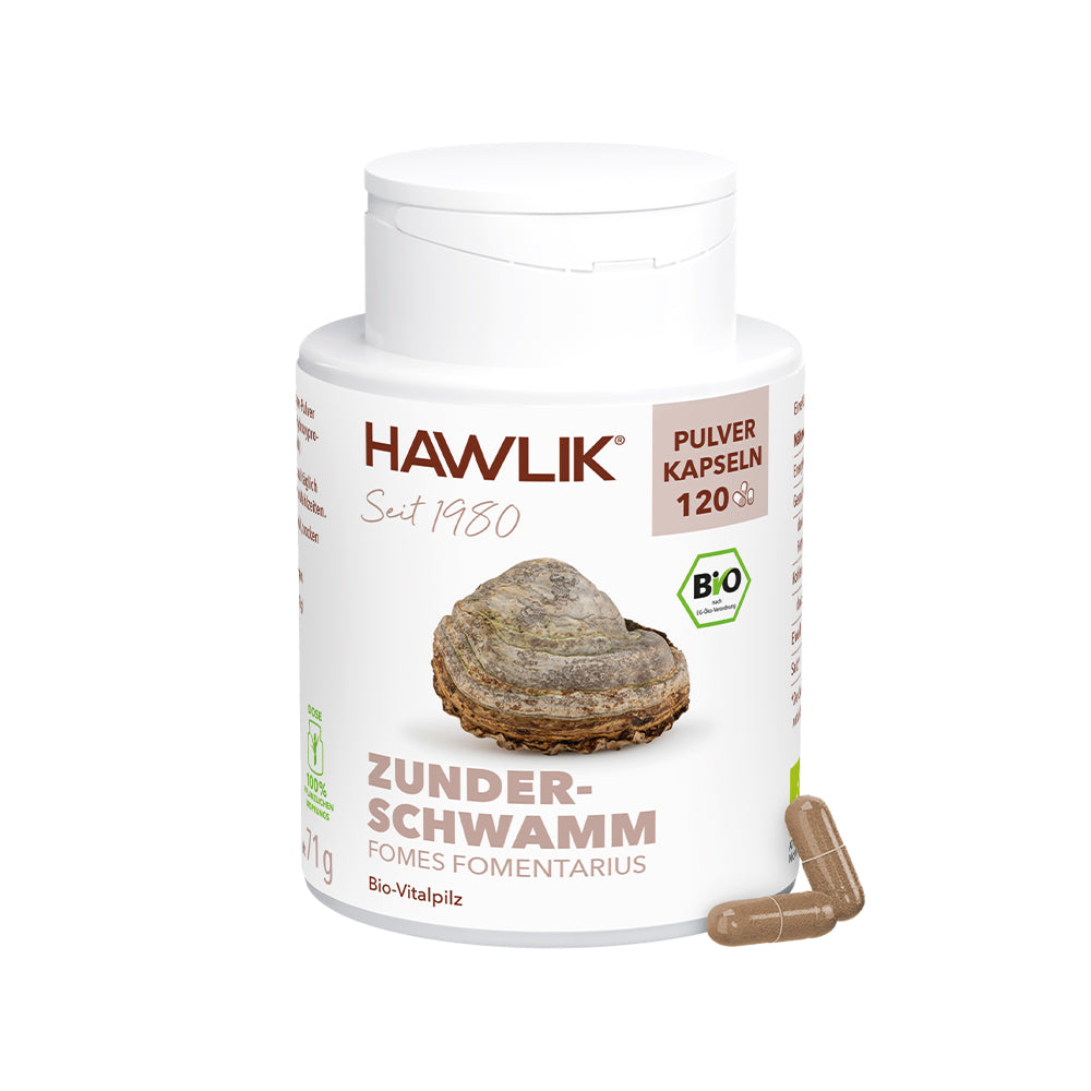 Produktverpackung HAWLIK Zunderschwamm 120 Pulver Kapseln